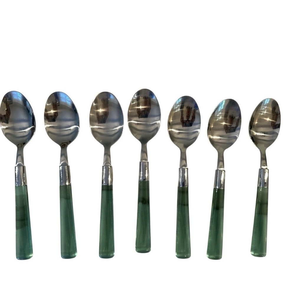 Vintage Emerald Green Acrylic Handle Stainless Flatware Set of 7 Serving Spoons